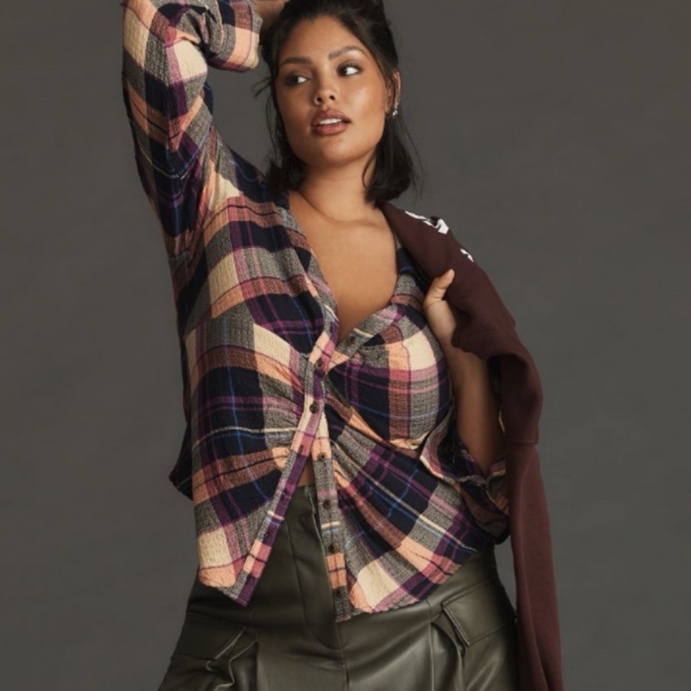 BOGO! Anthropologie Pilcro Ruched Deep-V Plaid Buttondown XS